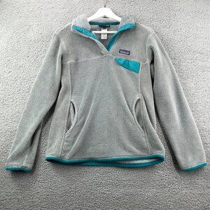 PATAGONIA Women's MEDIUM Re-Tool Snap-T Pullover Sweater Gray w/ Teal Accents